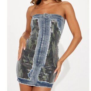NWT Strapless CAMO SEQUIN Denim Mini Dress